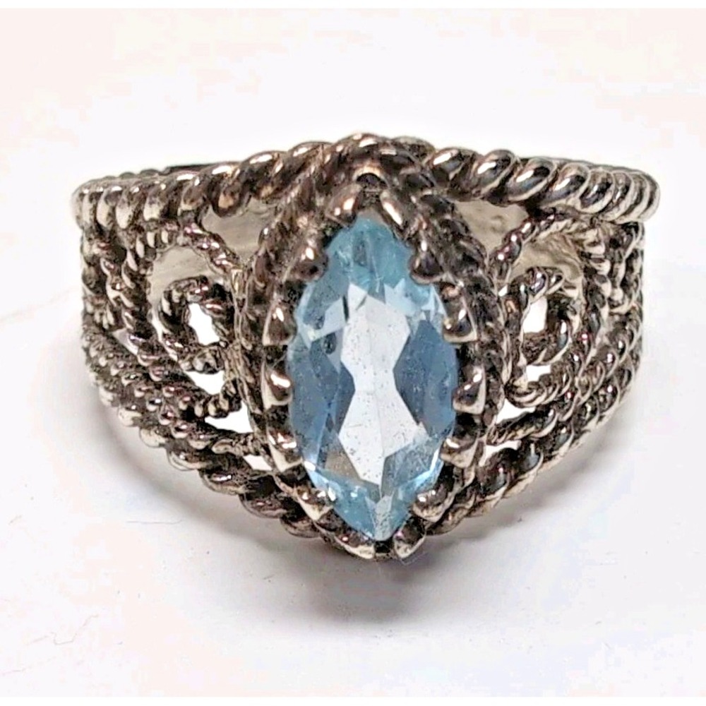 Vtg 925 Sterling Silver Filigree Openwork Ring Marquise Blue Stone Size 8.5